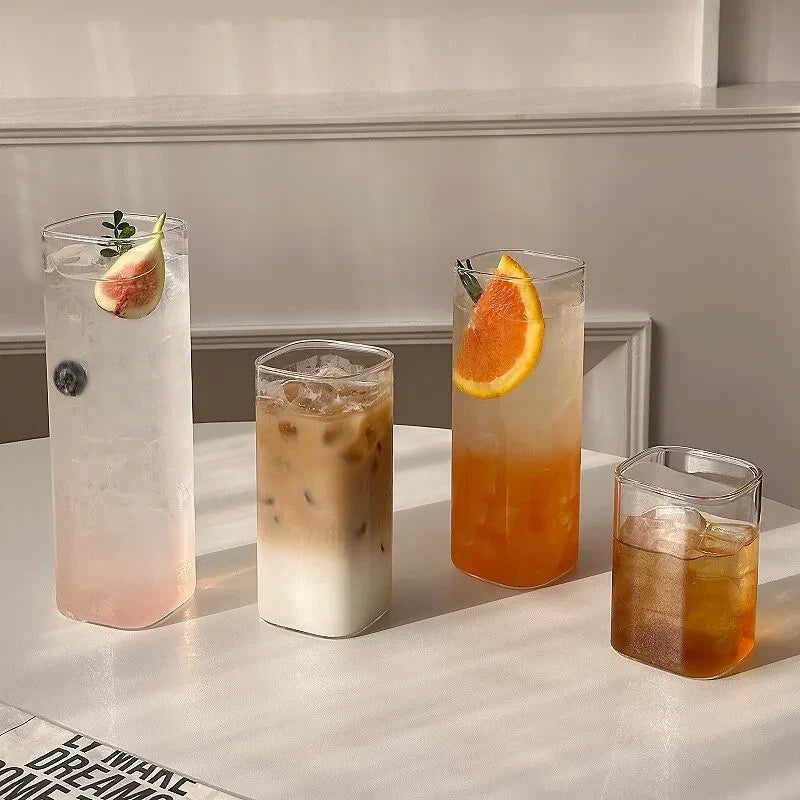 Minimalist Square Glass Cup, Household Transparent Drinking Cup Summer Juice Cup Cold Beverage Cup Instagram-Style Milk Cup Gift