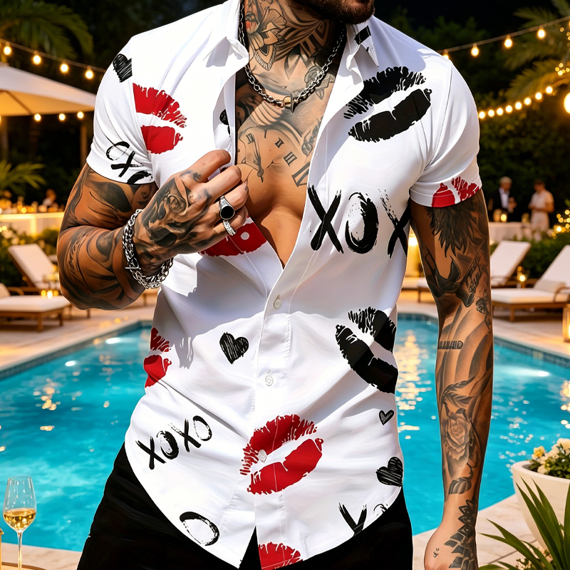 📢📢50% OFF !!⏰Men's Kiss Print Short-Sleeve Button-Up Shirt