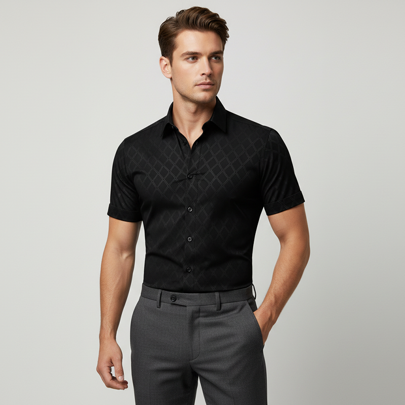 👔 50% OFF NOW!🖤 Men's Textured Black Shirt – Diamond Jacquard & Athletic Fit – Stylish Essential 🔥