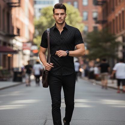 👔 50% OFF NOW!🖤 Men's Textured Black Shirt – Diamond Jacquard & Athletic Fit – Stylish Essential 🔥